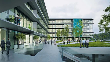 Pavimentos urbanos monolíticos en complejo empresarial con acabado continuo y diseño arquitectónico exterior