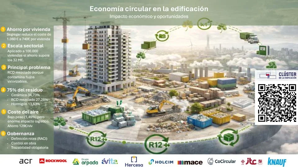 Infografía explicativa sobre el impacto económico y las oportunidades de ahorro mediante la economía circular y la segregación en origen de los residuos de construcción y demolición (RCD).