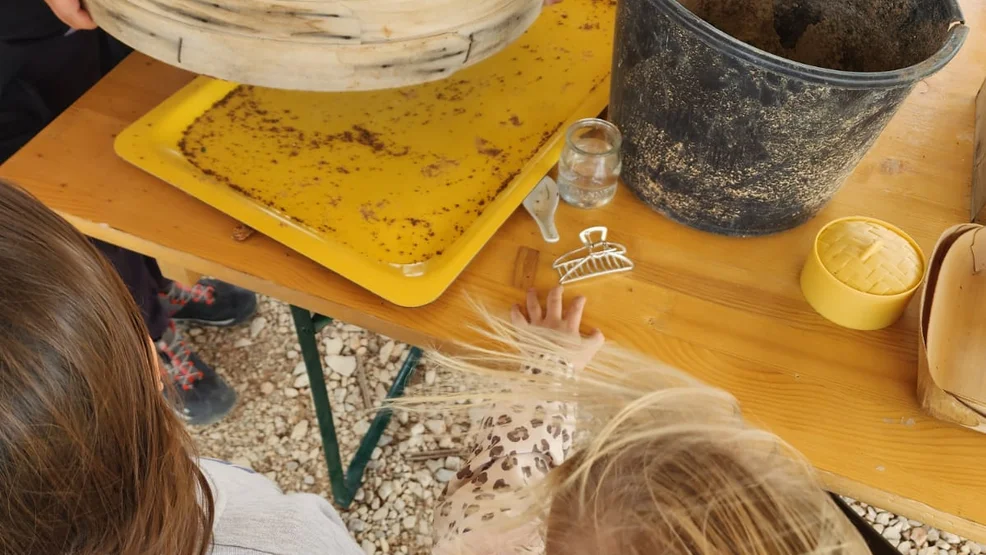 Primer plano de varios niños sosteniendo un gran tamiz de madera para cribar tierra arcillosa durante un taller infantil de educación ambiental al aire libre.
